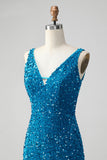 Sparkly Sage Bodycon V Neck Pailletter Kort Homecoming Kjole med kvast