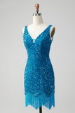 Sparkly Sage Bodycon V Neck Pailletter Kort Homecoming Kjole med kvast