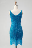 Sparkly Sage Bodycon V Neck Pailletter Kort Homecoming Kjole med kvast