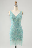 Sparkly Sage Bodycon V Neck Pailletter Kort Homecoming Kjole med kvast