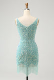 Sparkly Sage Bodycon V Neck Pailletter Kort Homecoming Kjole med kvast