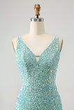 Sparkly Sage Bodycon V Neck Pailletter Kort Homecoming Kjole med kvast