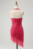 Sparkly Fuchsia Pailletter Halter Kort Bodycon Homecoming Kjole med kvaster