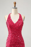 Sparkly Fuchsia Pailletter Halter Kort Bodycon Homecoming Kjole med kvaster