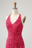 Sparkly Fuchsia Pailletter Halter Kort Bodycon Homecoming Kjole med kvaster