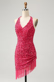 Sparkly Fuchsia Pailletter Halter Kort Bodycon Homecoming Kjole med kvaster