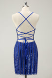 Sparkly Royal Blue Tight Sequined Spaghetti Straps Cocktailkjole