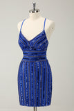 Sparkly Royal Blue Tight Sequined Spaghetti Straps Cocktailkjole