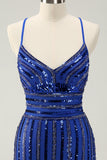 Sparkly Royal Blue Tight Sequined Spaghetti Straps Cocktailkjole