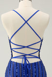 Sparkly Royal Blue Tight Sequined Spaghetti Straps Cocktailkjole