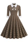 Sort Plaid revers hals vintage 1950'erne kjole med halværmer