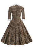 Sort Plaid revers hals vintage 1950'erne kjole med halværmer
