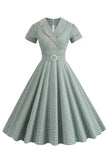 Green Grid A Line Revers Vintage 1950'er kjole med korte ærmer