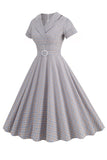 Green Grid A Line Revers Vintage 1950'er kjole med korte ærmer