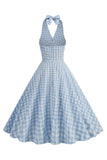 Halter Blue Plaid 1950'erne kjole med sløjfe