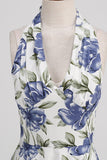 Halter White Blue A Line Blomstertrykt kjole fra 1950'erne