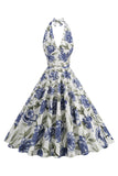 Halter White Blue A Line Blomstertrykt kjole fra 1950'erne