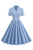 Blå A Line revers vintage 1950'er kjole med knapper