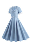 Blå A Line Vintage 1950'er kjole med bælte