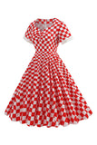En linje rød plaid vintage 1950'er kjole med korte ærmer
