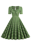 Grøn Bowknot korte ærmer Plaid 1950'erne vintage kjole