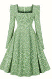 En Line Square Neck Green Vintage Kjole med lange ærmer