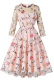 Blush A-Line rund hals blomst trykt 1950'erne kjole med ærmer