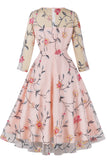 Blush A-Line rund hals blomst trykt 1950'erne kjole med ærmer