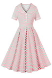 Revershals pink polka dots vintage kjole med korte ærmer