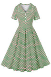 Pink grøn revers hals Polka Dots vintage kjole med korte ærmer