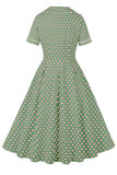 Pink grøn revers hals Polka Dots vintage kjole med korte ærmer