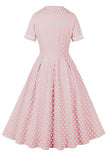 Revershals pink polka dots vintage kjole med korte ærmer