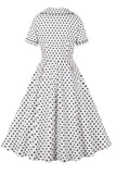 Hvid revers hals Polka Dots vintage kjole med korte ærmer