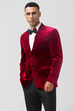 Burgundy Notched Revers Velour Enkeltradet Mænds Blazer