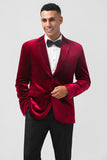 Burgundy Notched Revers Velour Enkeltradet Mænds Blazer