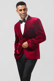 Burgundy Notched Revers Velour Enkeltradet Mænds Blazer