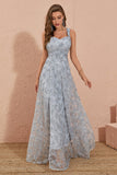 Sliver Grey A Line Floral Embroidery Long Prom Dress med slids