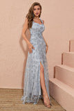 Sliver Grey A Line Floral Embroidery Long Prom Dress med slids