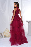 Bourgogne Halter Tiered Tulle A Line Long Prom Dress