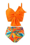 Orange Beach Ferie Tropisk Plant Print Front Knot Bikini Sæt