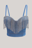 Blå Rhinsten Fringe Denim Crop Top