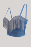 Blå Rhinsten Fringe Denim Crop Top