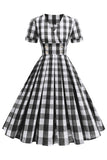 Sort V-hals Plaid Vintage 1950'erne kjole