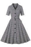 Grå Plaid revers hals Vintage 1950'erne kjole