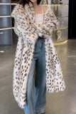 Leopardprint Åben Front Lang Shaggy Shearling Frakke