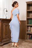 Blå One Shoulder Ruffled Slids Prom Kjole