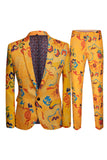 Gul 2-delt Notched Revers Print Mænds Suit