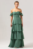 Eukalyptus A-linje Off The Shoulder Flæsede Chiffon Lang brudepigekjole