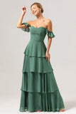 Eukalyptus A-linje Off The Shoulder Flæsede Chiffon Lang brudepigekjole
