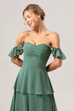 Eukalyptus A-linje Off The Shoulder Flæsede Chiffon Lang brudepigekjole